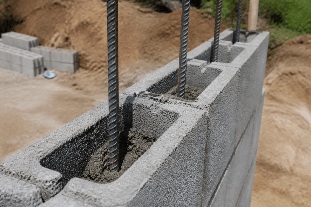 Blocs de béton creux remplis d'acier armé