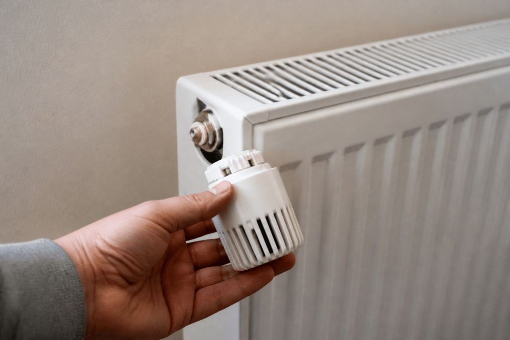 Main tenant une tete thermostatique pres d'un radiateur blanc