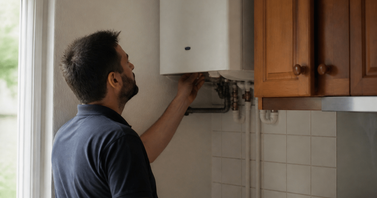 Technicien inspectant chauffe-eau mural dans cuisine