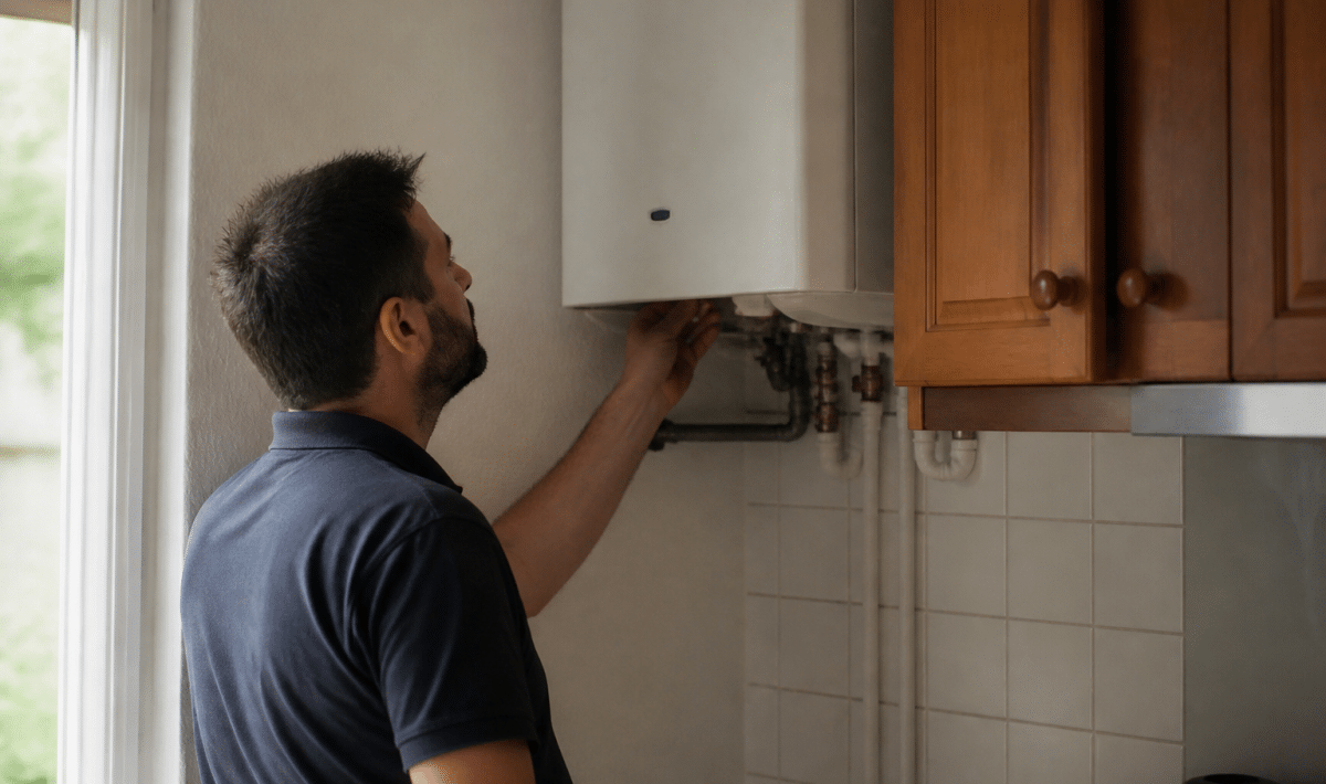 Technicien inspectant chauffe-eau mural dans cuisine