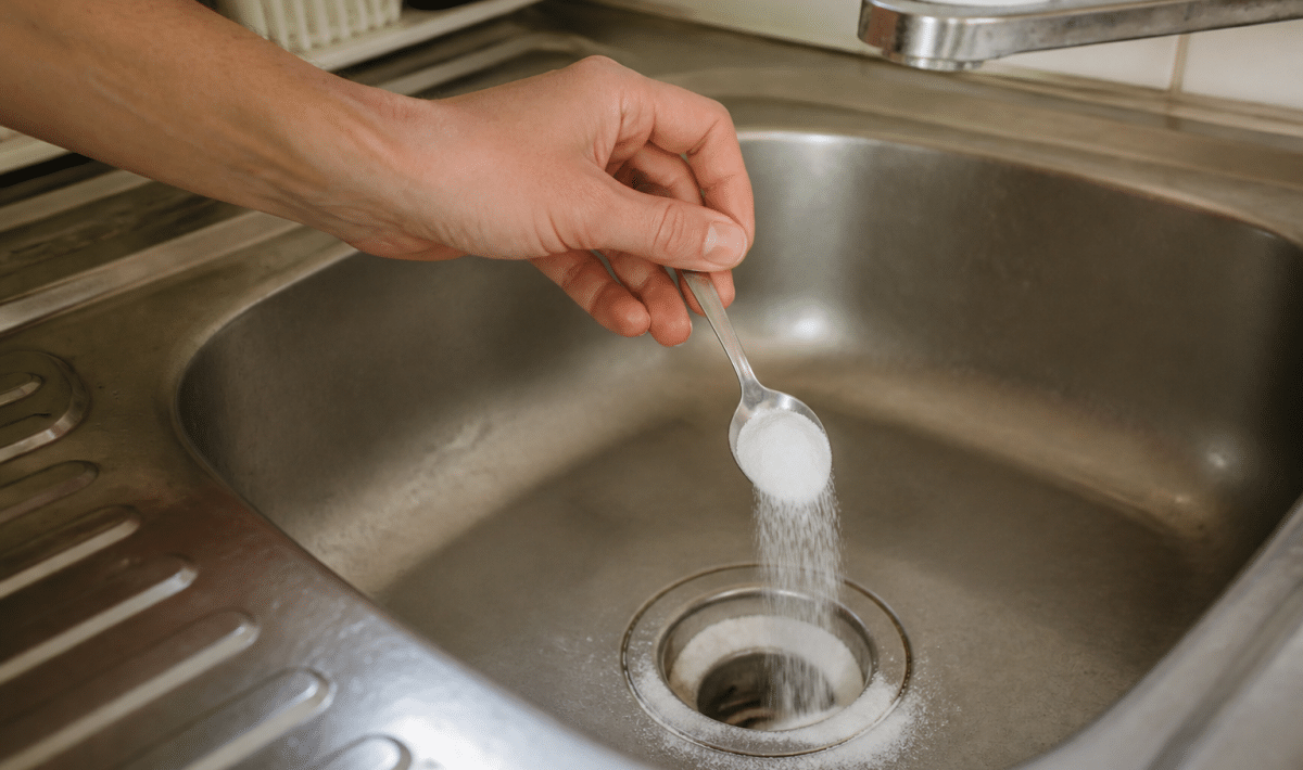 Main versant bicarbonate de soude dans evier bouche