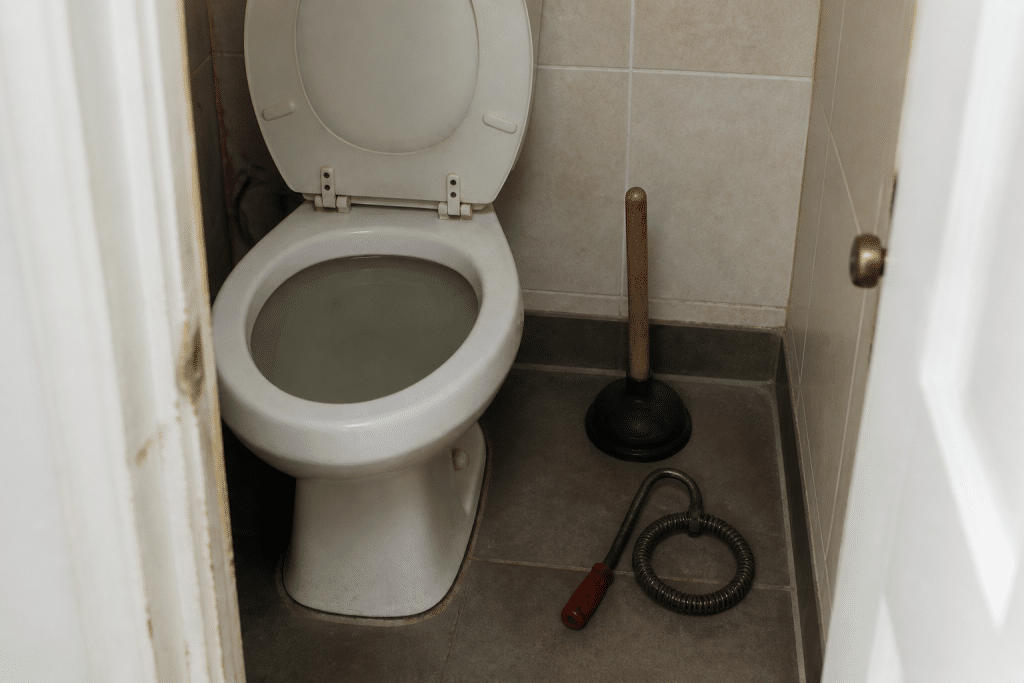 Toilettes bouchees eau stagnante outils debouchage presents