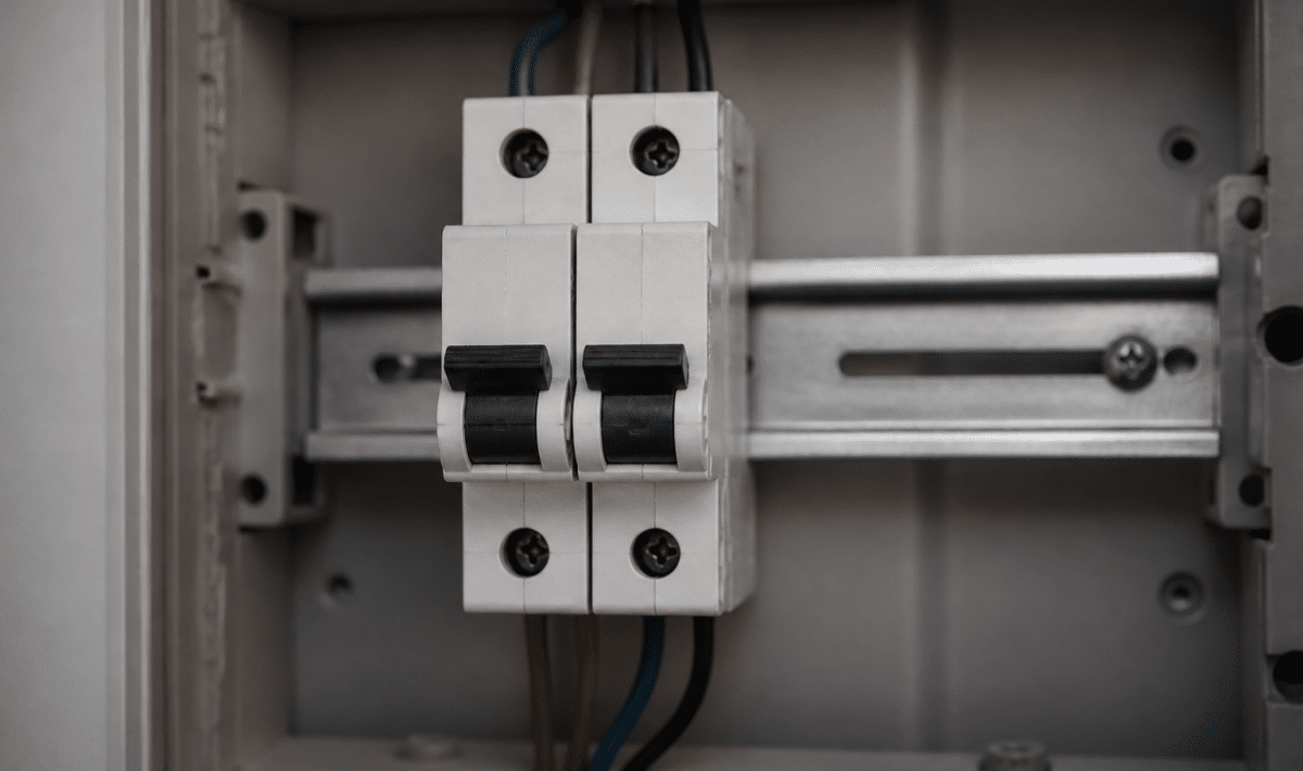 Deux appareils electriques montes cote a cote sur rail DIN