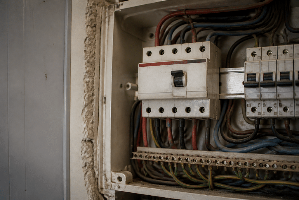 Tableau electrique ouvert avec disjoncteur principal desactif
