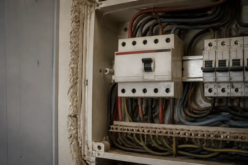 Tableau electrique ouvert avec disjoncteur principal desactif