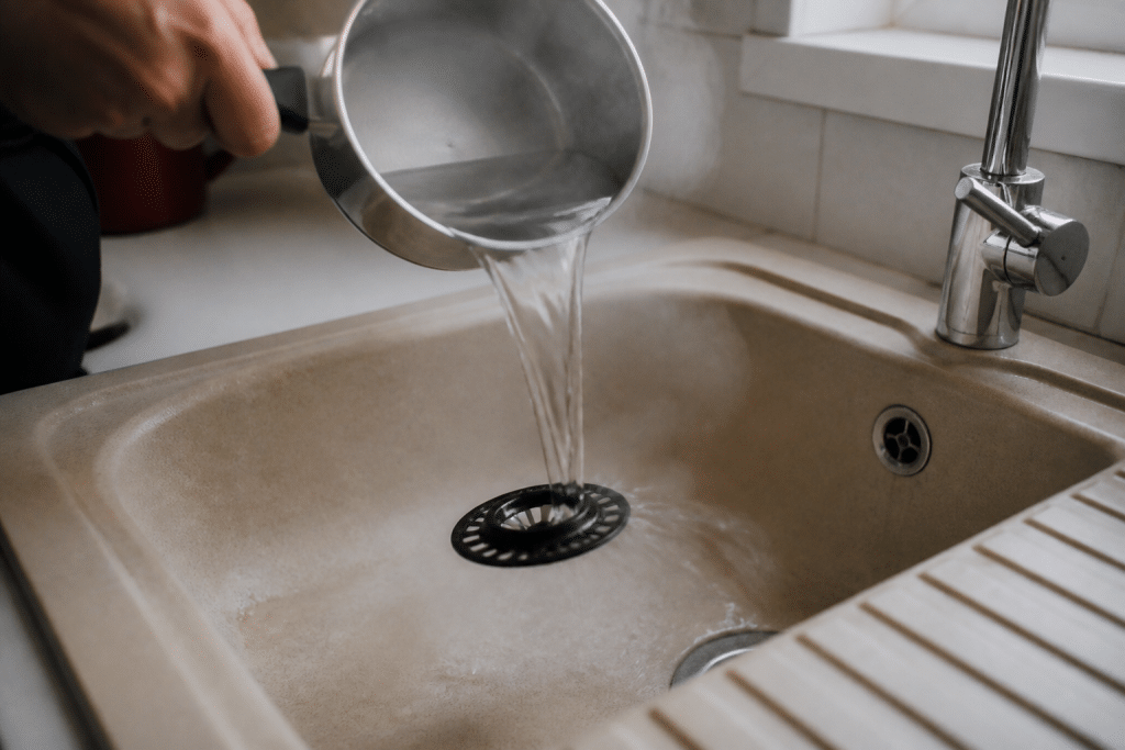 Eau bouillante versee sur bouchon evier cuisine