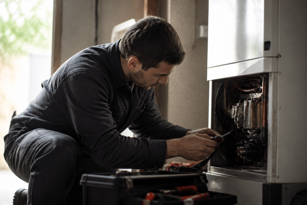 Technicien inspectant bruleur chauffe-eau gaz avec outils professionnels