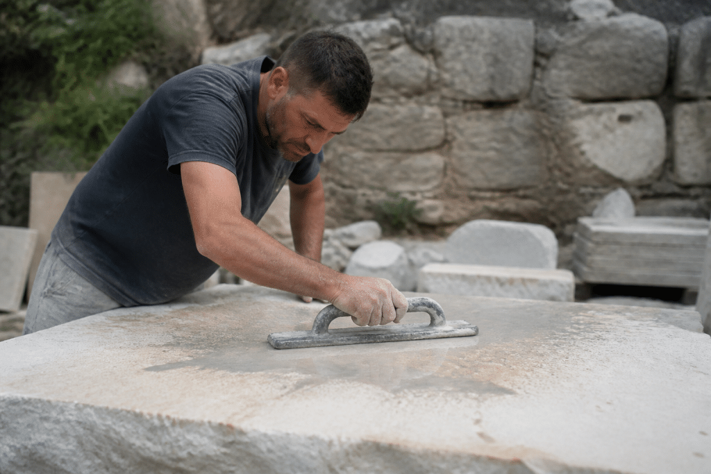 Ouvrier lisse surface pierre avec taloche humide grise