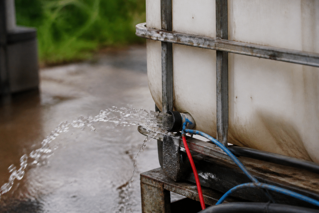 Eau s'echappant du reservoir avec fils electriques visibles