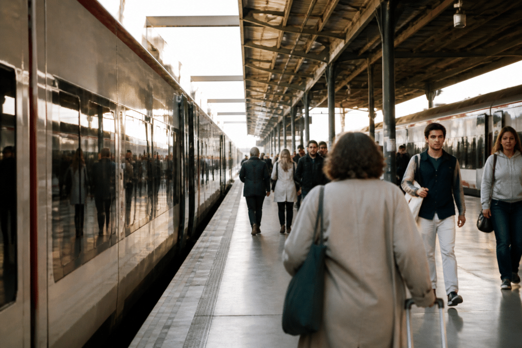 Gare ferroviaire avec trains et passants circulant activement