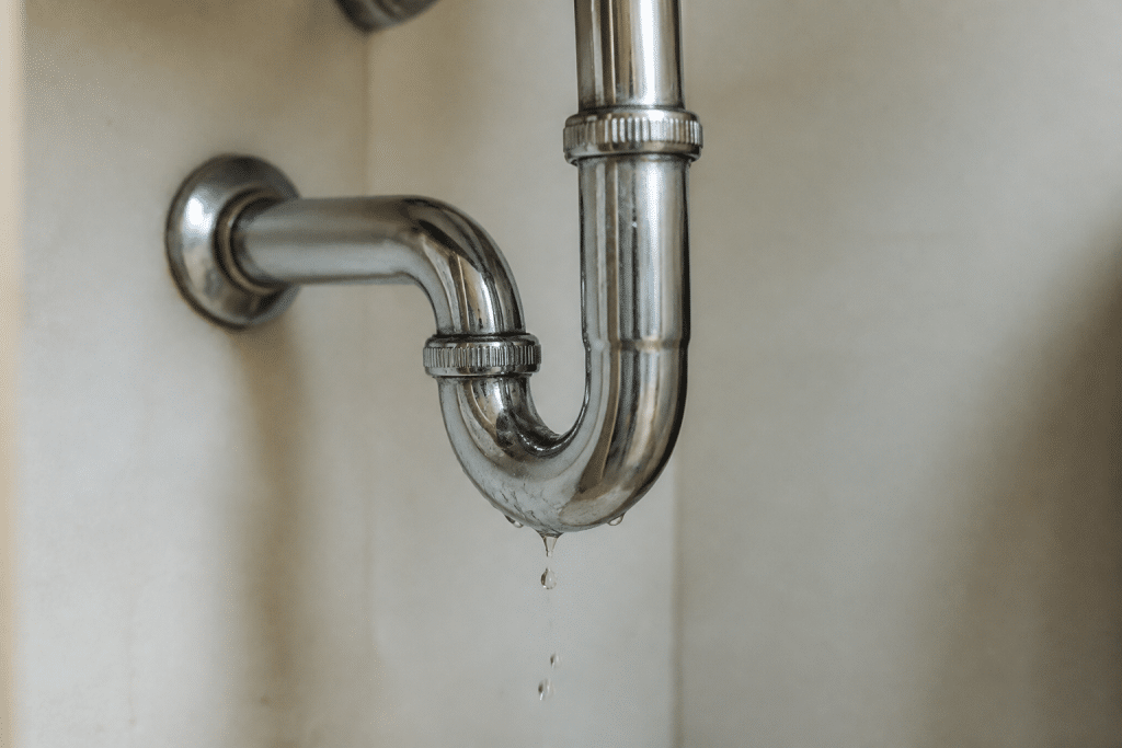 Gouttes d'eau s'echappant d'un siphon metallique