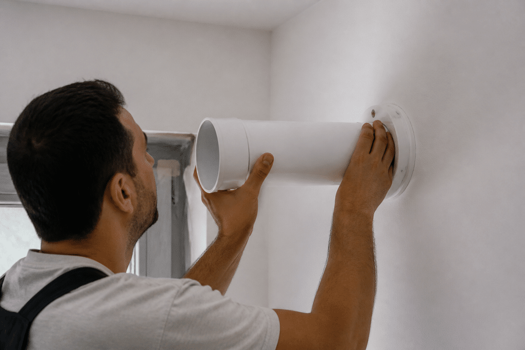 Technicien installant conduit ventilation blanche mur