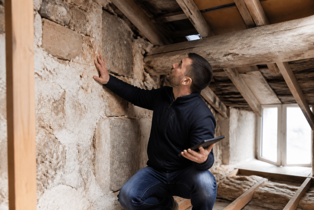 Artisan inspectant murs anciens et combles pour installation VMC