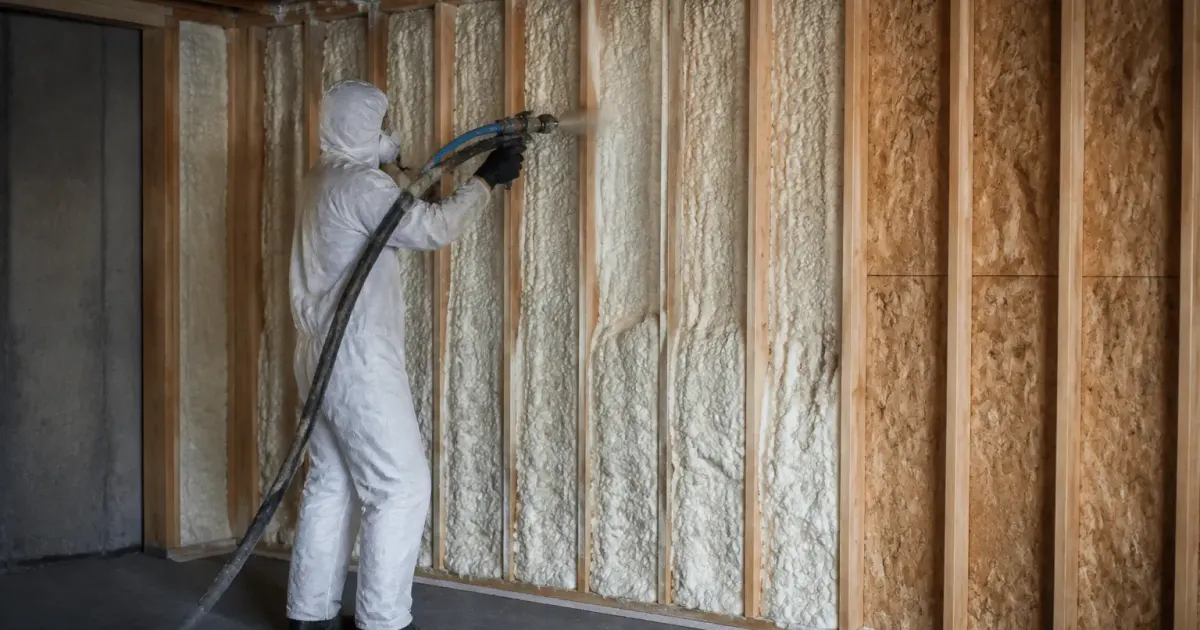Personne appliquant isolant mousse sur murs garage interieur