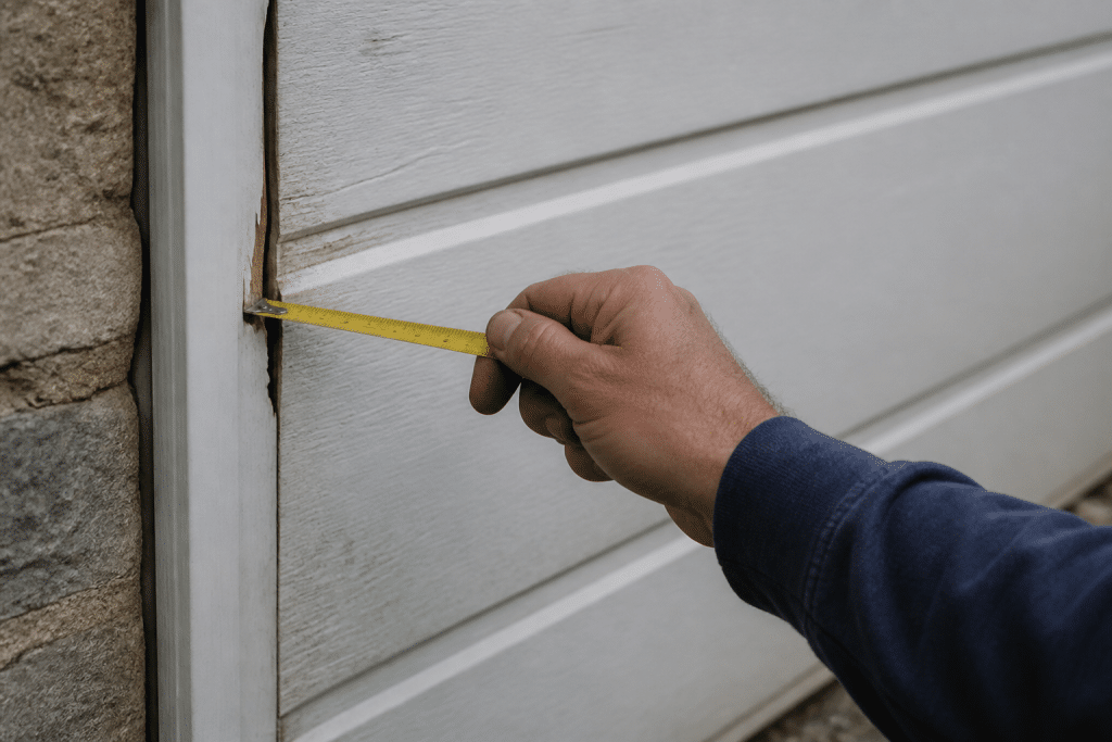Main mesurant panneau bois fissure porte garage