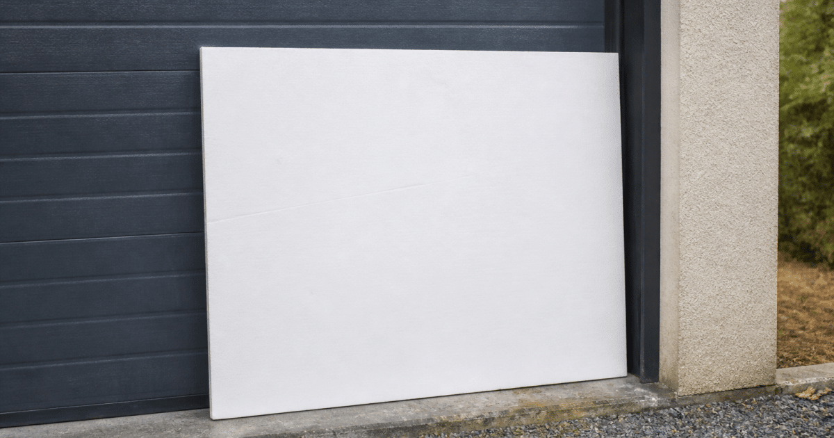 Panneau isolant blanc applique contre porte garage metallique