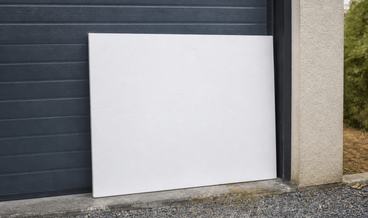 Panneau isolant blanc applique contre porte garage metallique