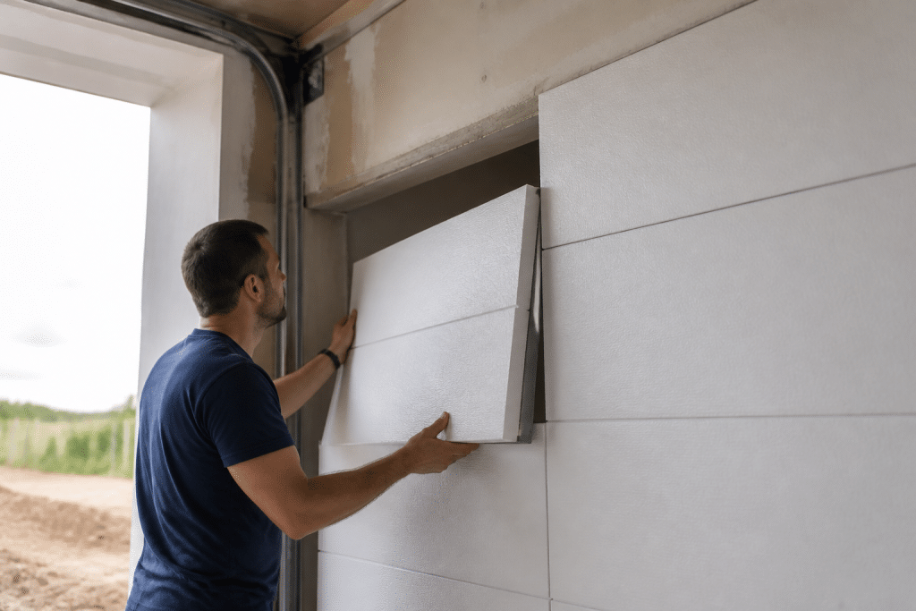 Installation panneaux isolants blancs portes garage
