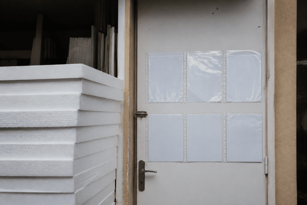 Panneaux isolants et devis tarifaires affichés sur porte