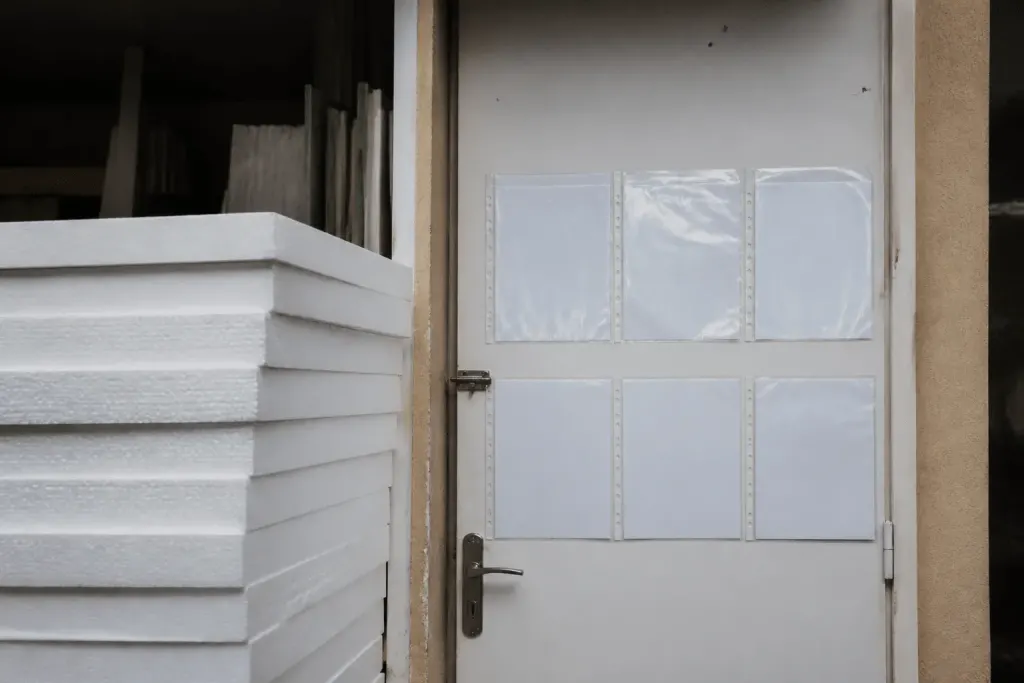 Panneaux isolants et devis tarifaires affichés sur porte