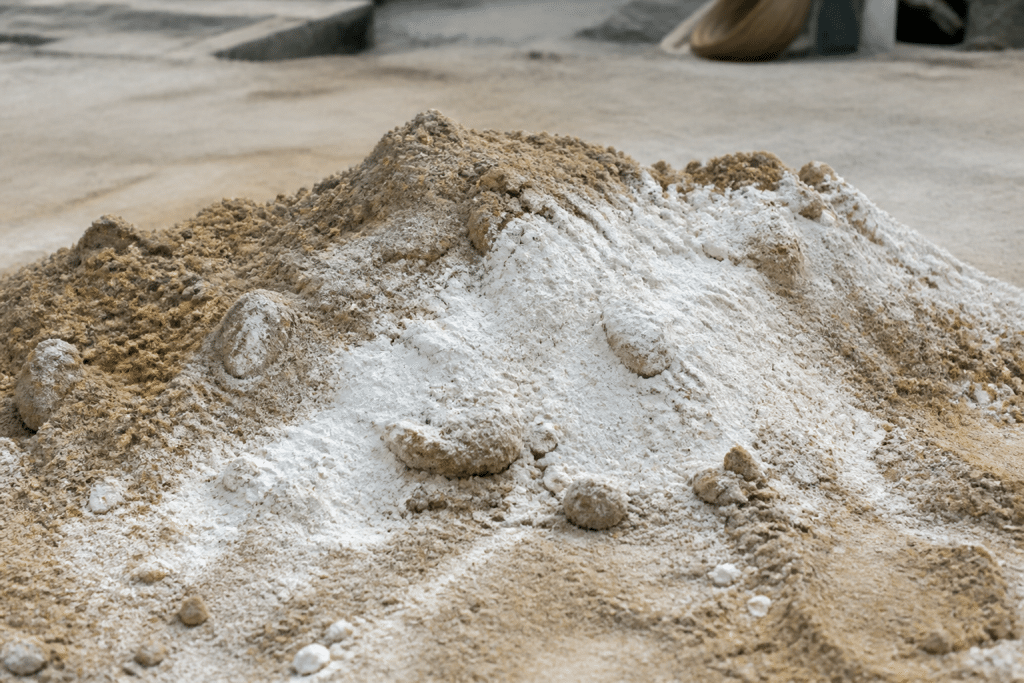 Piles de sable beige et poudre blanche de chaux mélangées