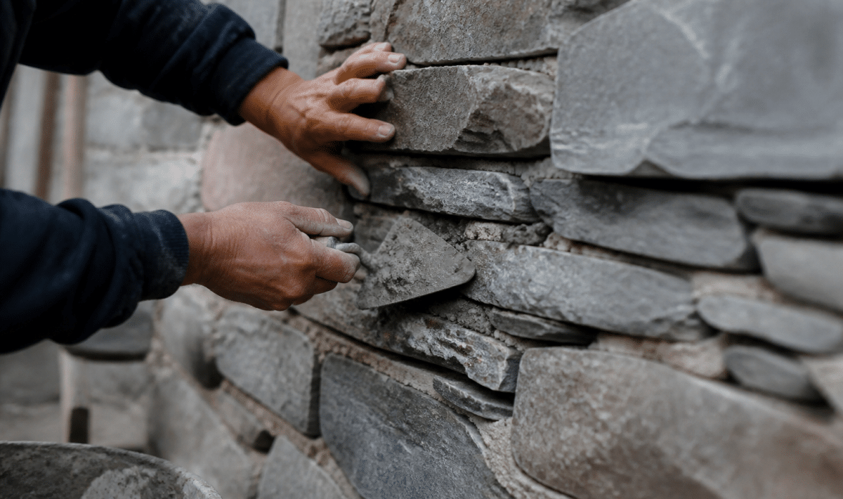 Mains appliquant mortier entre pierres grises alignées horizontalement
