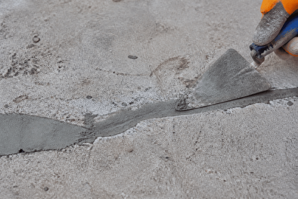 Mortier remplissant fissure béton gris dégradé