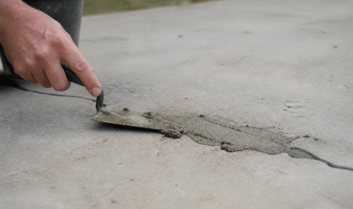 Truelle appliquant mortier gris sur fissure béton horizontal