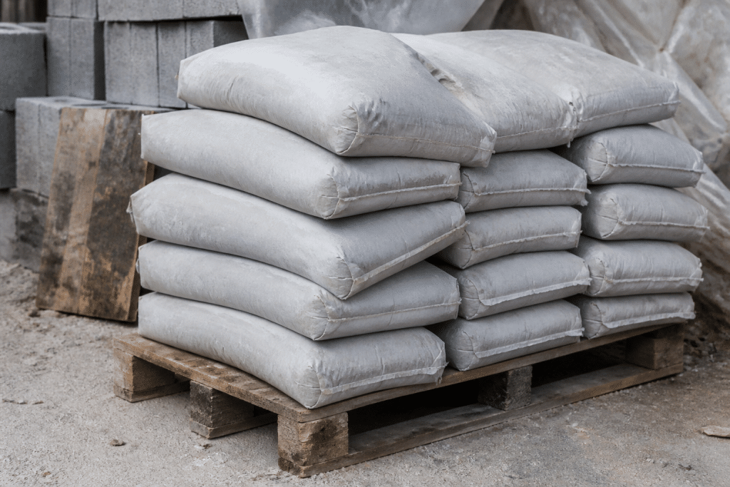 Sacs de mortier gris empiles sur palette de chantier