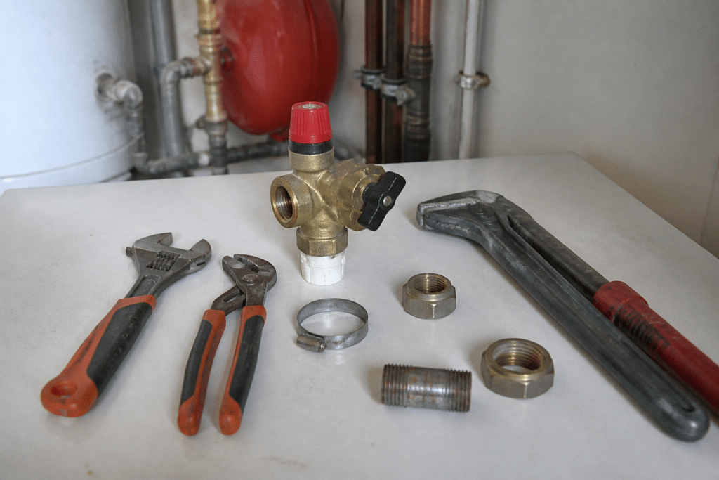 Outils plomberie posés sur table pour remplacement groupe sécurité