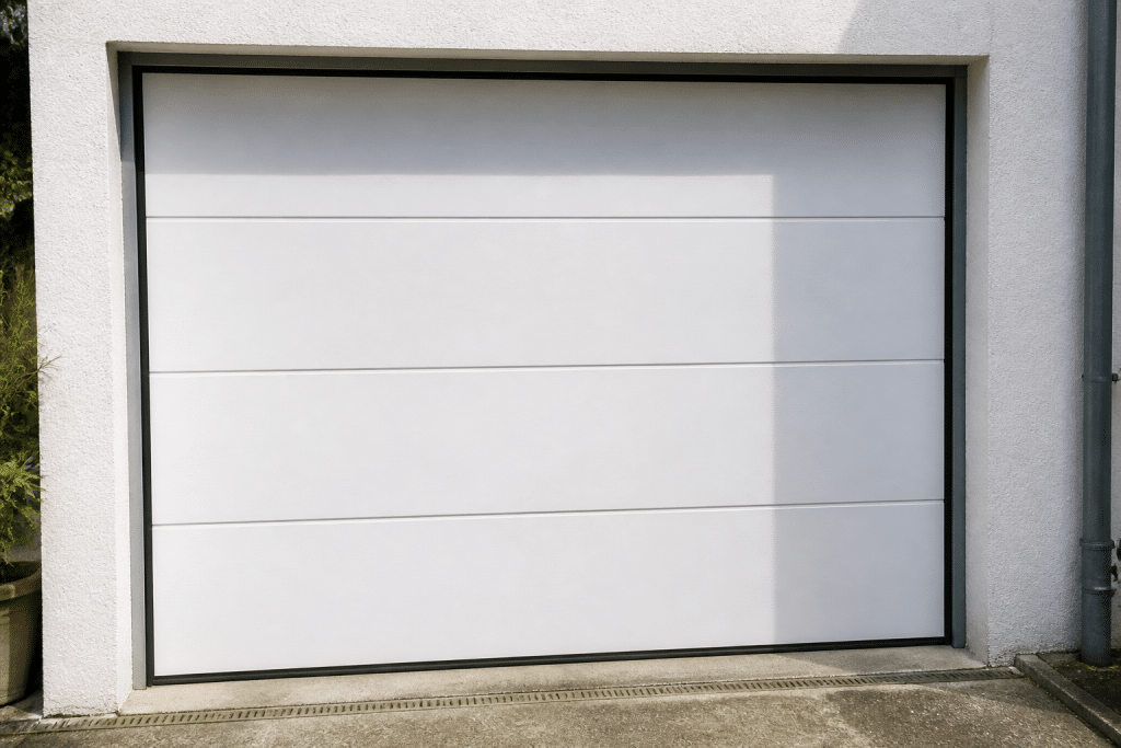 Panneaux isolants blancs fixes sur porte garage sectionnelle