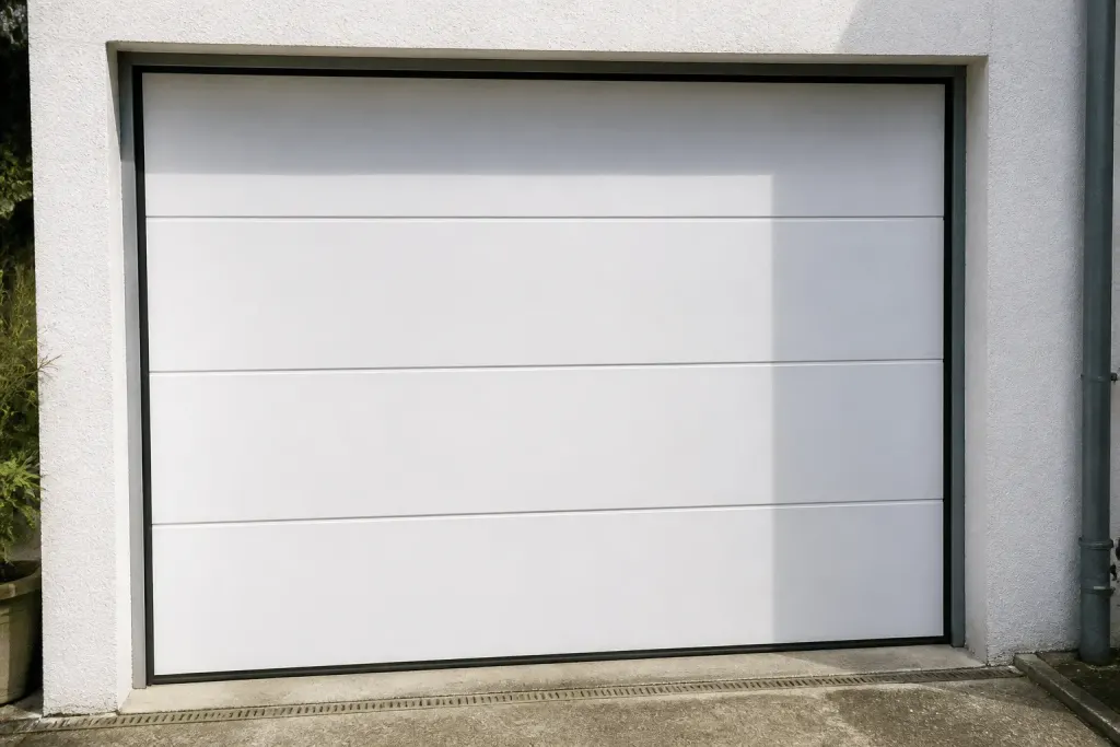 Panneaux isolants blancs fixes sur porte garage sectionnelle