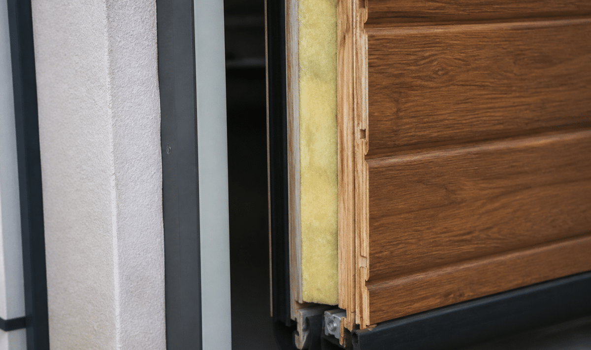 Porte garage bois isolante avec couches protection epaisses visibles