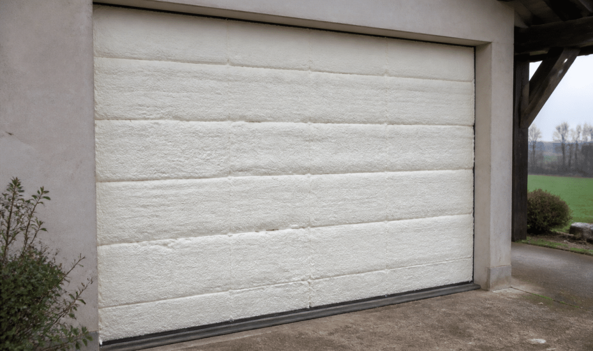 Porte garage metallique recouverte isolant mousse epaisse blanche
