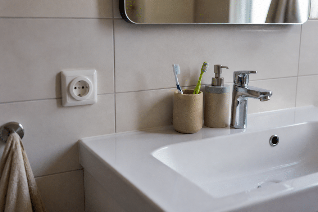 Prise electrique blanche installee pres lavabo salle bain