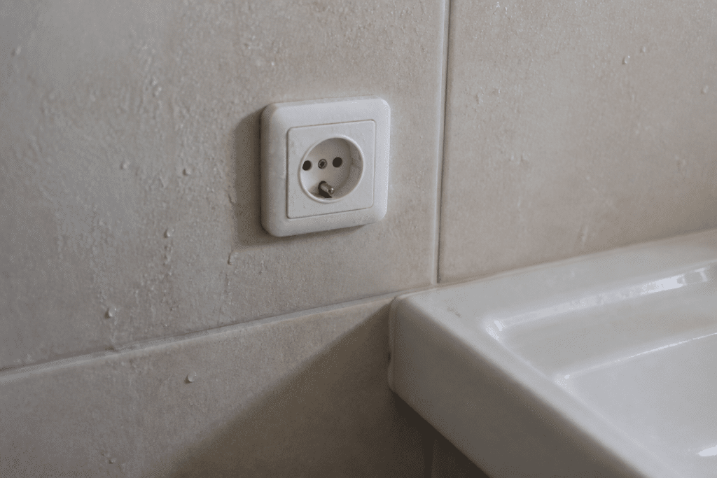 Prise electrique humide pres lavabo salle bain