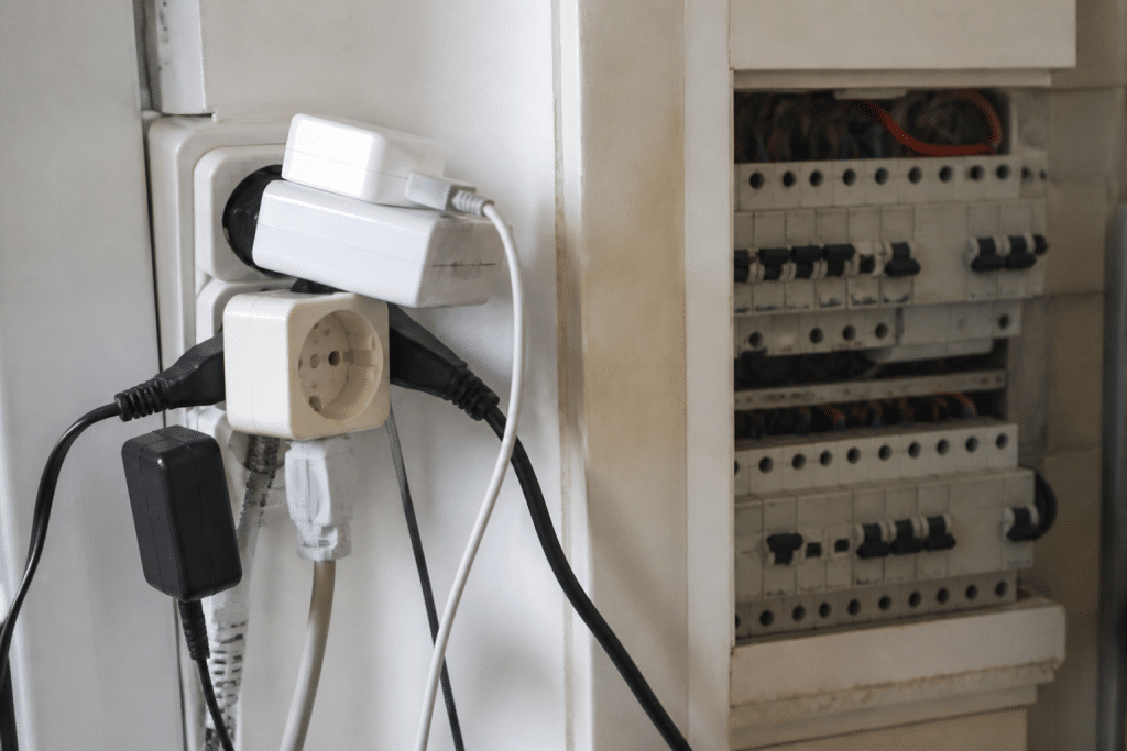 Prise electrique surchargee avec disjoncteur declenchee dans tableau