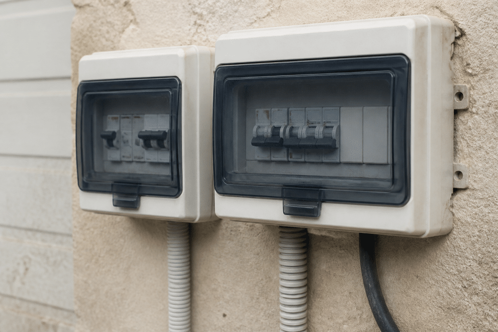 Deux boitiers electriques montrant protection courant fuite et surcharge