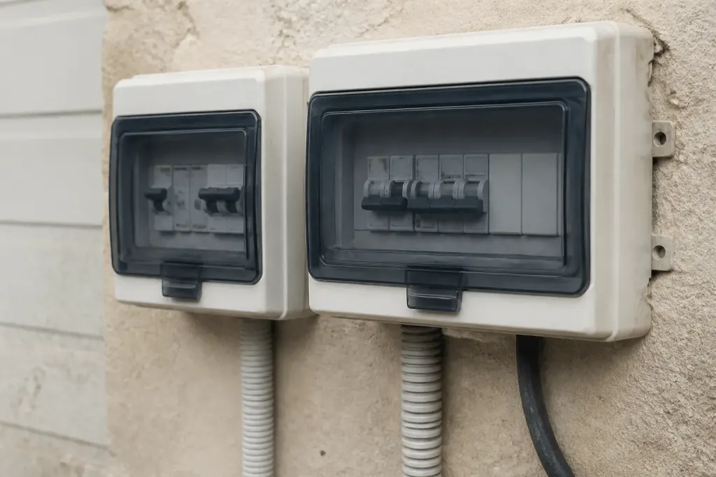 Deux boitiers electriques montrant protection courant fuite et surcharge