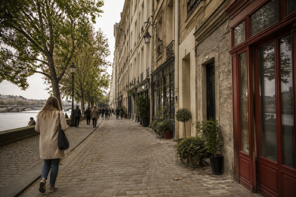 Ruelles pavees bord Seine avec facades anciennes et commerces locaux
