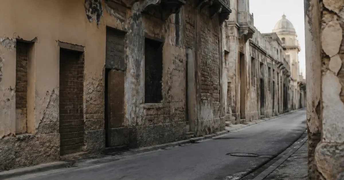Rue urbaine avec immeubles degradés et rues désertes