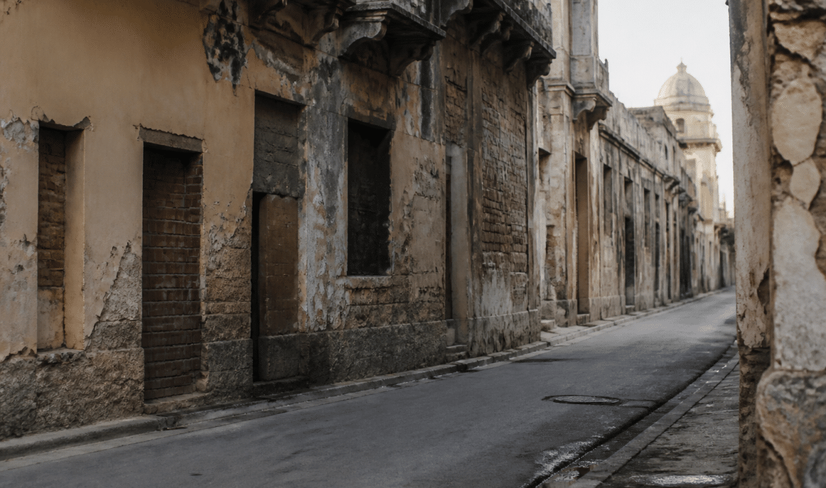 Rue urbaine avec immeubles degradés et rues désertes