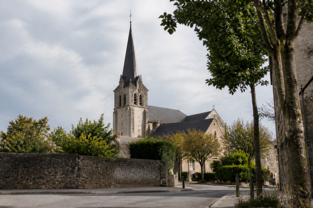 Eglise historique entouree de maisons residentielles et arbres verts