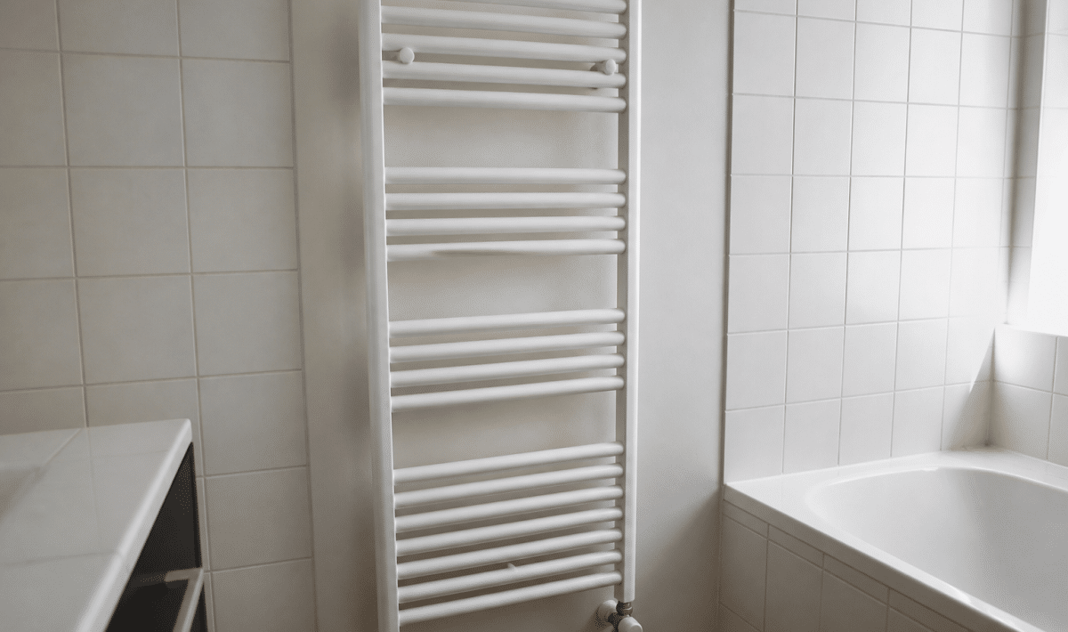 Radiateur blanc fixe au mur salle bain