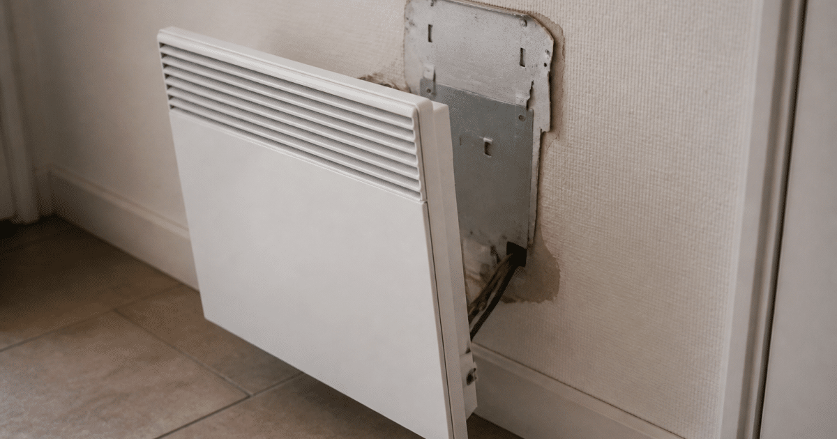 Radiateur electrique decroche du mur blanc expose