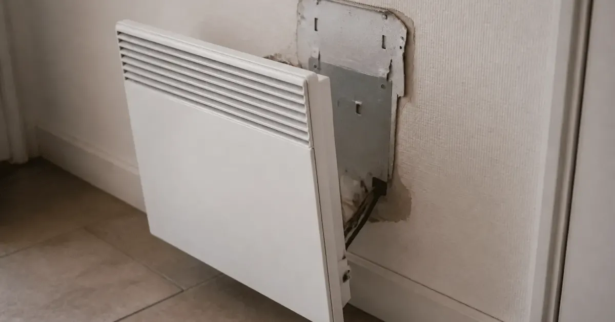 Radiateur electrique decroche du mur blanc expose