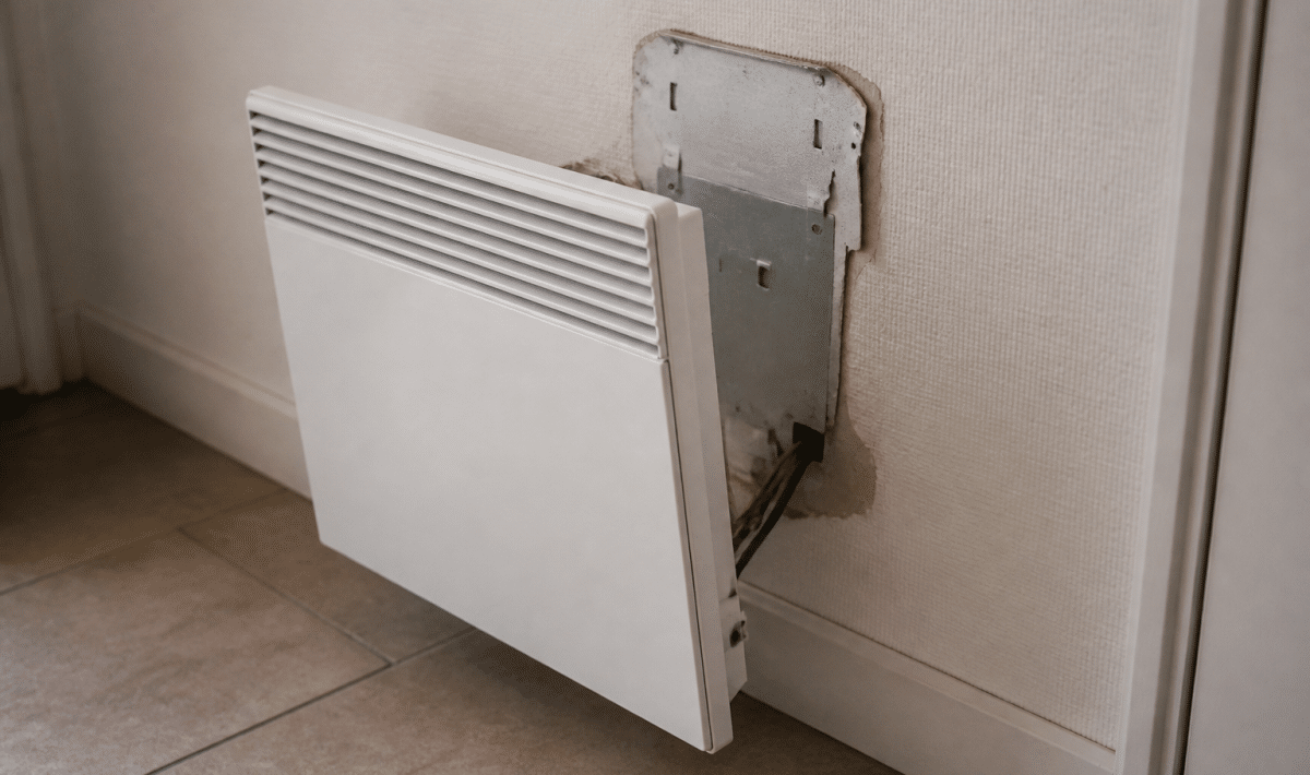 Radiateur electrique decroche du mur blanc expose