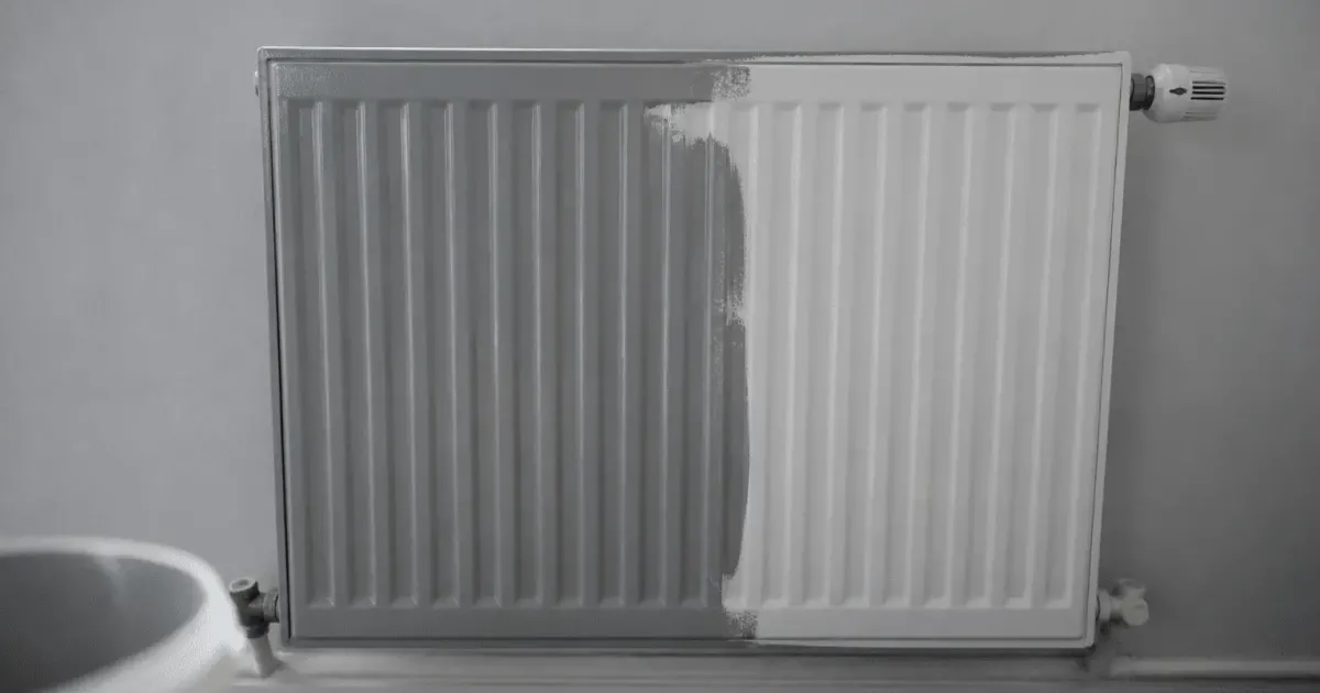 Radiateur blanc mural recouvert partiellement de peinture grise fraiche