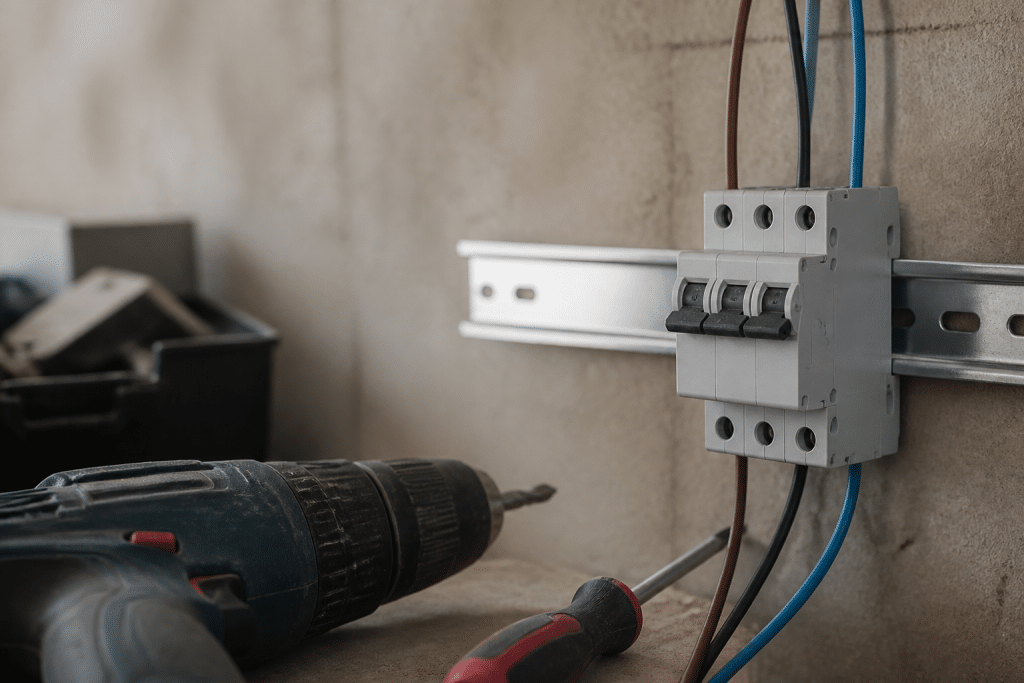 Outils electriques pres de disjoncteur gris sur rail DIN