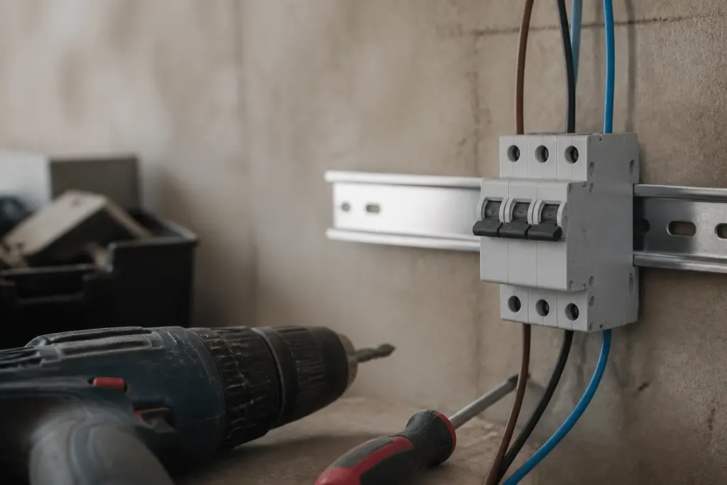 Outils electriques pres de disjoncteur gris sur rail DIN